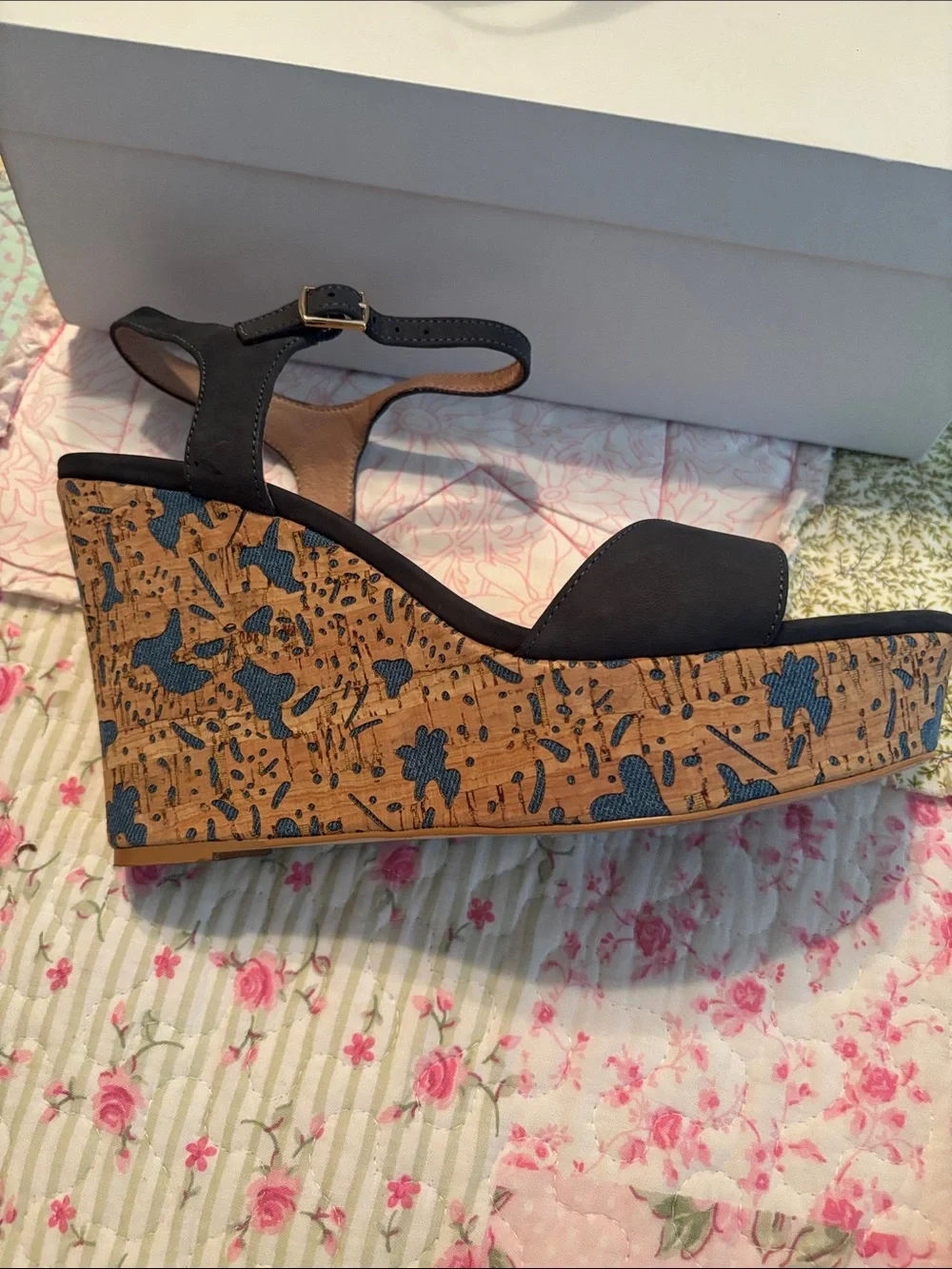 Anthropologie Blue Suede Platform Wedge Sandals with Patterned Cork Heel
